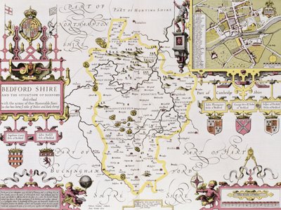 Bedfordshire et la situation de Bedford, gravé par Jodocus Hondius (1563-1612) de 